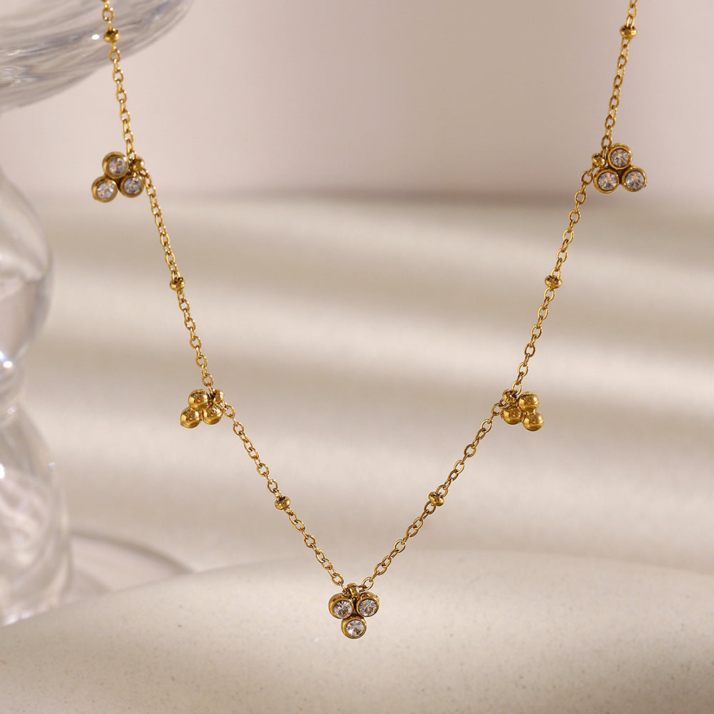 Minimalist Geometric Pendant Necklace for Women in Stainless Steel with 18K Gold Plating and Three Zirconia Bead Accents