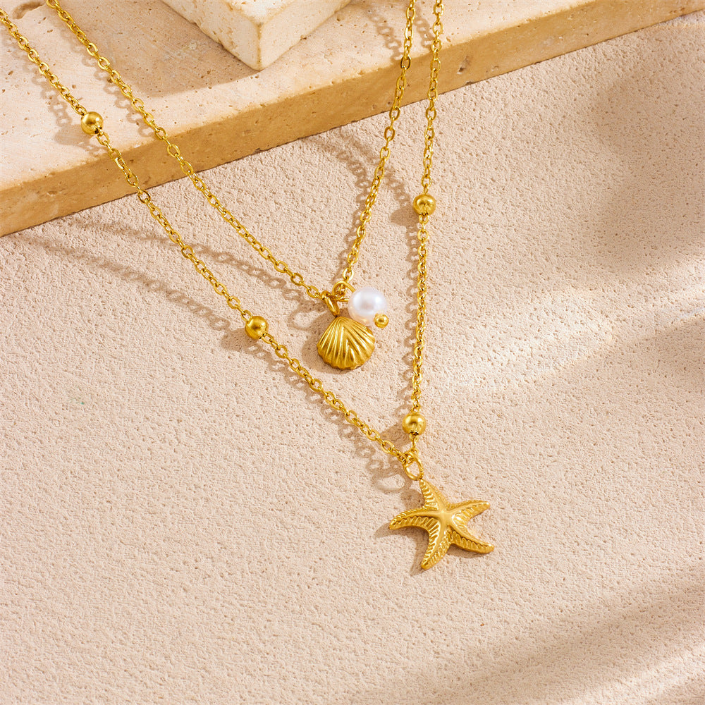 Minimalist Elegant Gold Plated Stainless Steel Star and Teardrop Pearl Layered Necklace for Women