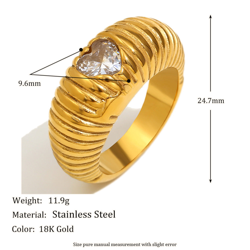 Anello da donna elegante in acciaio inossidabile placcato oro 18 carati con zircone a cuore e baguetta lunga, stile OL con forme geometriche