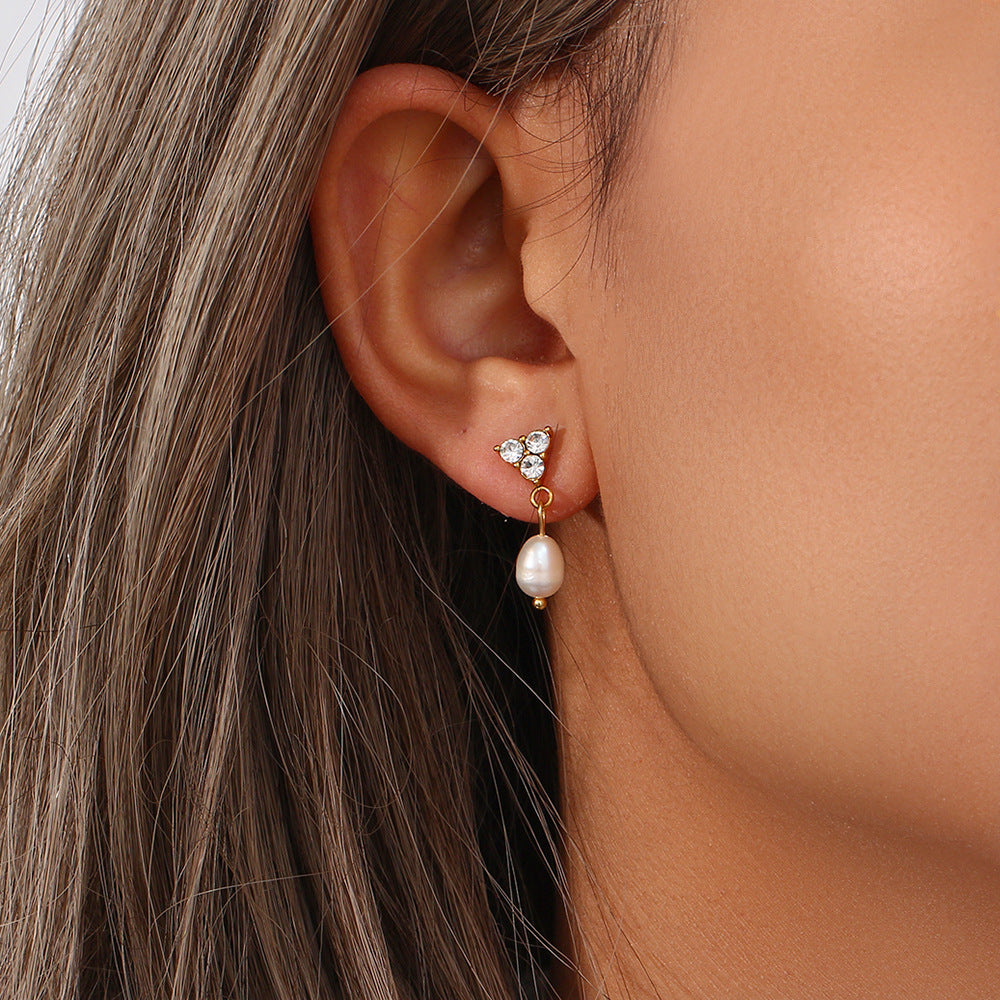 Fashion Minimalist Geometric Stainless Steel Earrings with Freshwater Pearls and 18K Gold Plating