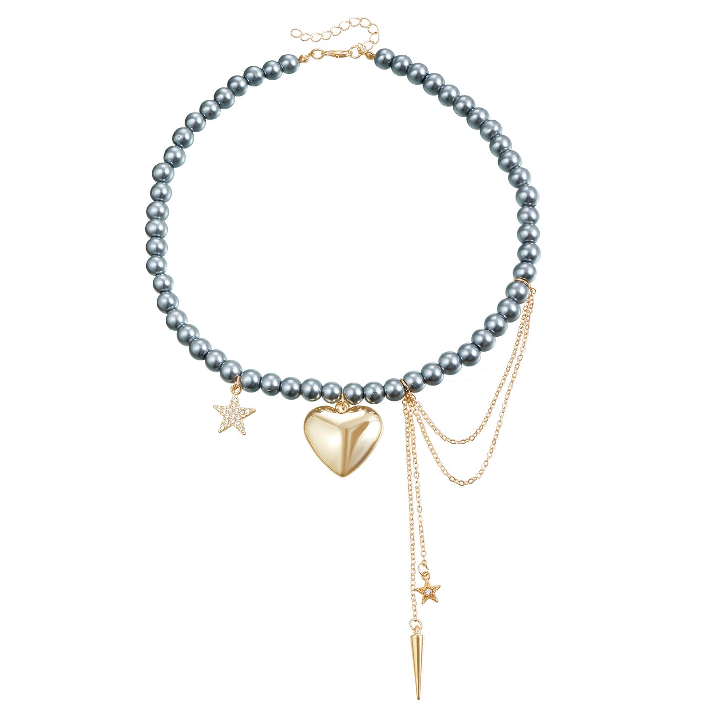 Elegant Painted Glass Bead Necklace with Star and Heart Pendant, Tassel Clavicle Chain in Geometric Design