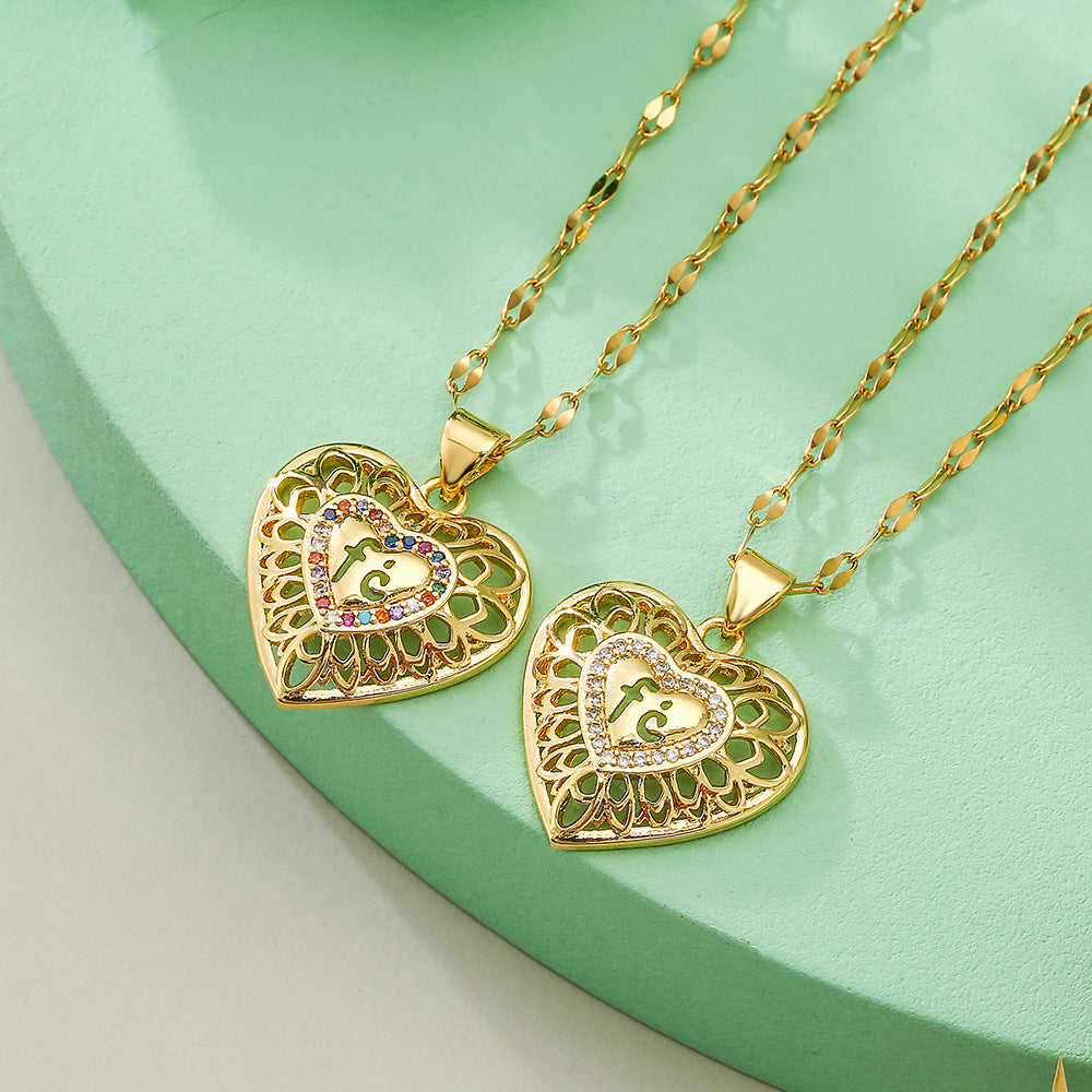Minimalist Hollow Heart Pendant Necklace for Women in Copper with 18K Gold Plating and Zircon Inlay