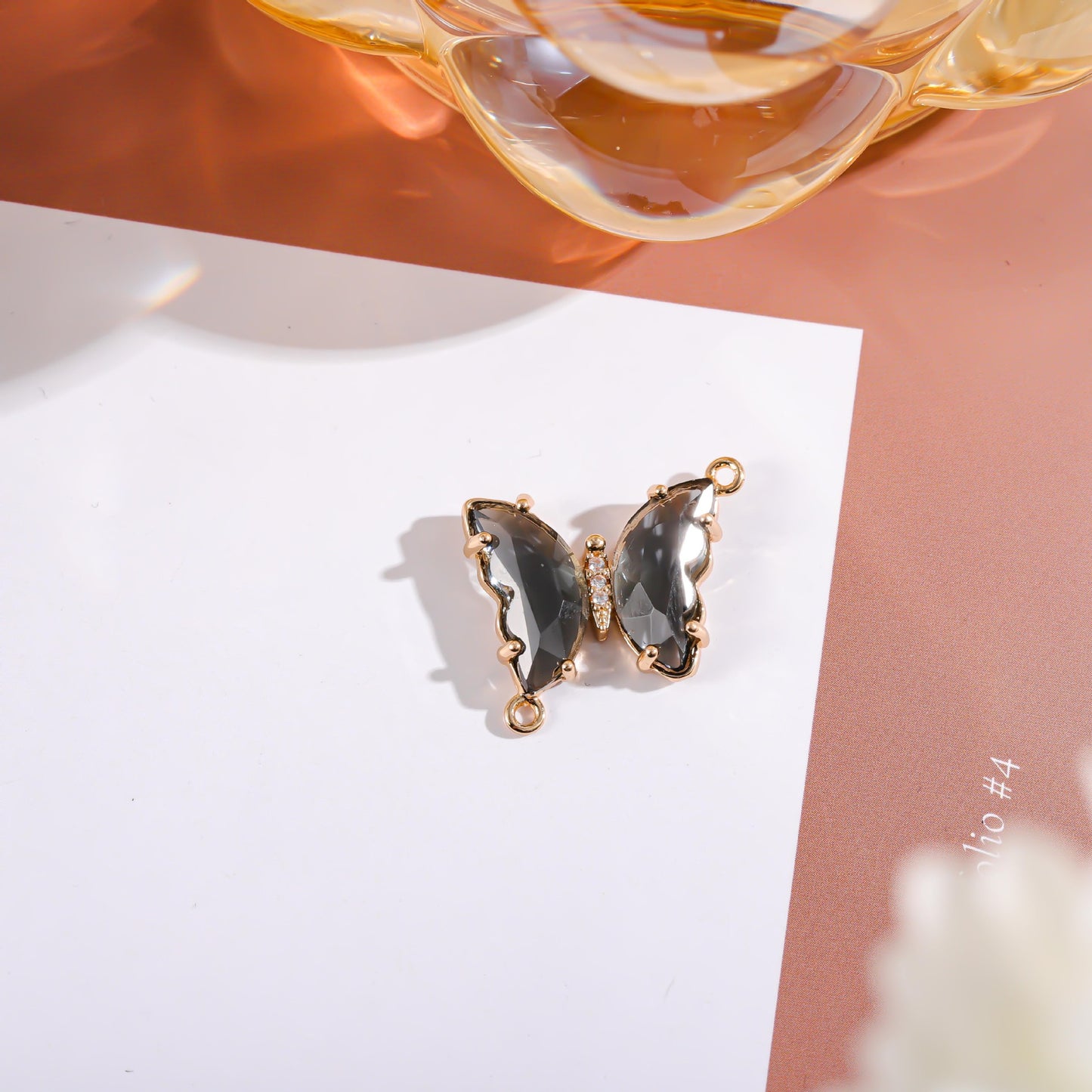 Sweet Gradient Glitter Crystal Butterfly Double Pendant Brass Plated Charm Bar