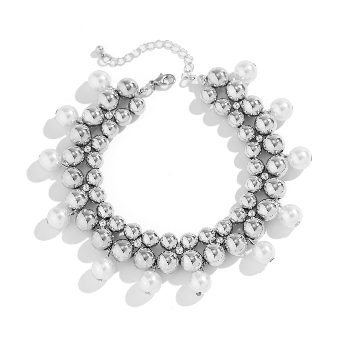 Cavigliera Geometrica Minimalista con Perle Artificiali e Nappe, Design a Doppio Strato di Perline per Donna