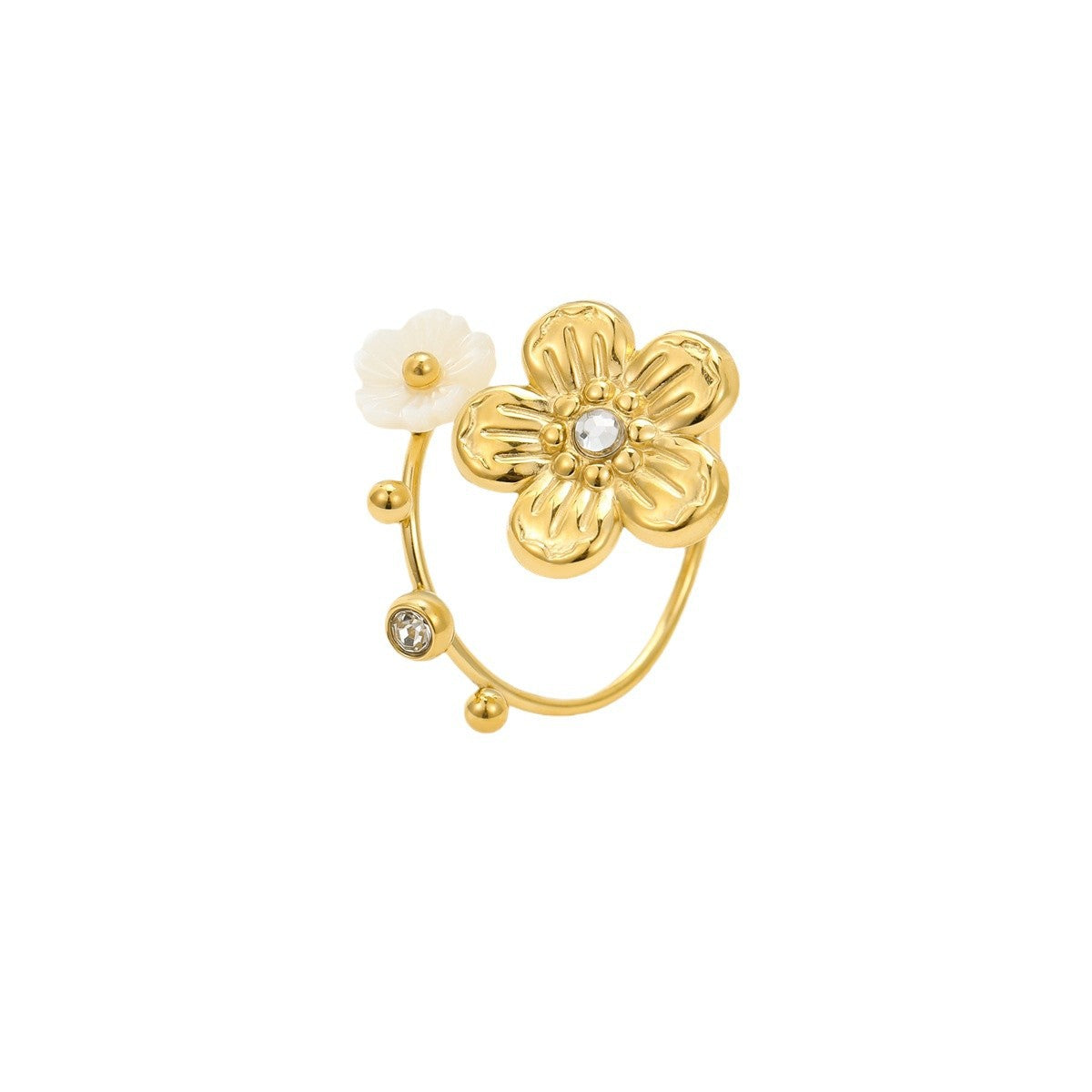 Anello Elegante in Acciaio al Titanio a Forma di Fiore con Placcatura in Oro 18K e Intarsio di Zirconi per Donna