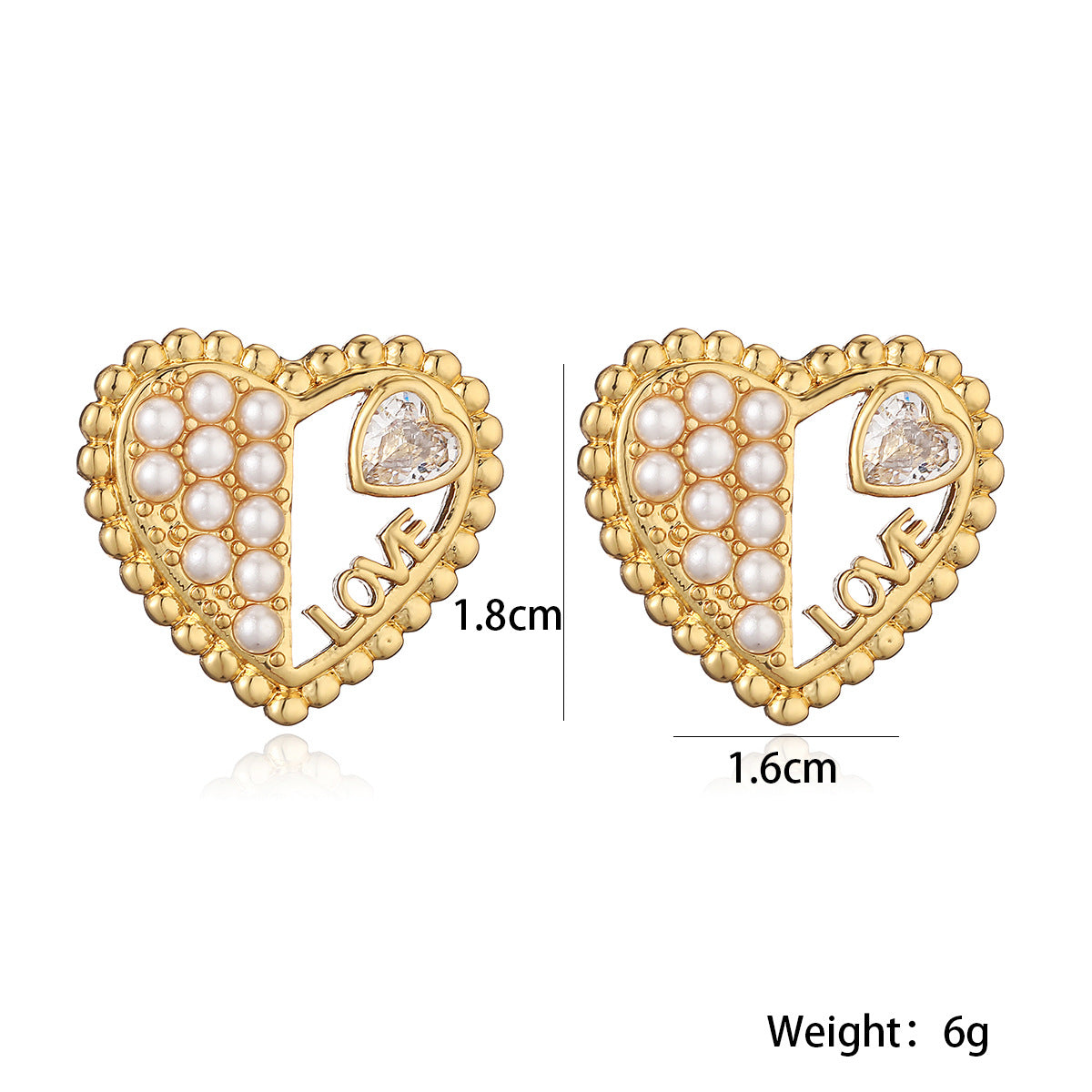Orecchini a cuore minimalisti in rame placcato oro 18 carati con micro-zirconi e perle, per donna