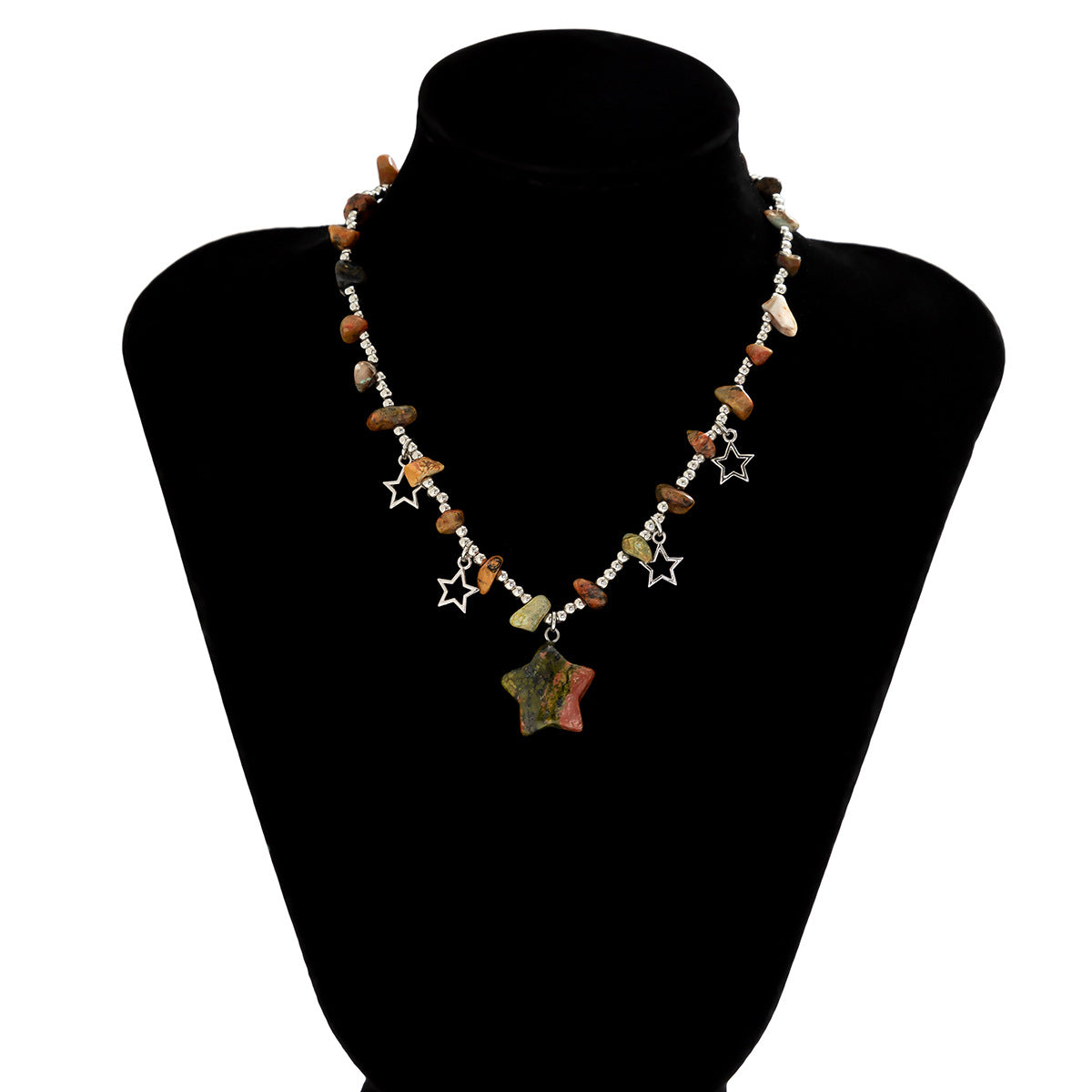 Collar rústico con colgante en forma de estrella para mujer con cadena de aleación de zinc y cuentas de vidrio, acabado galvanizado