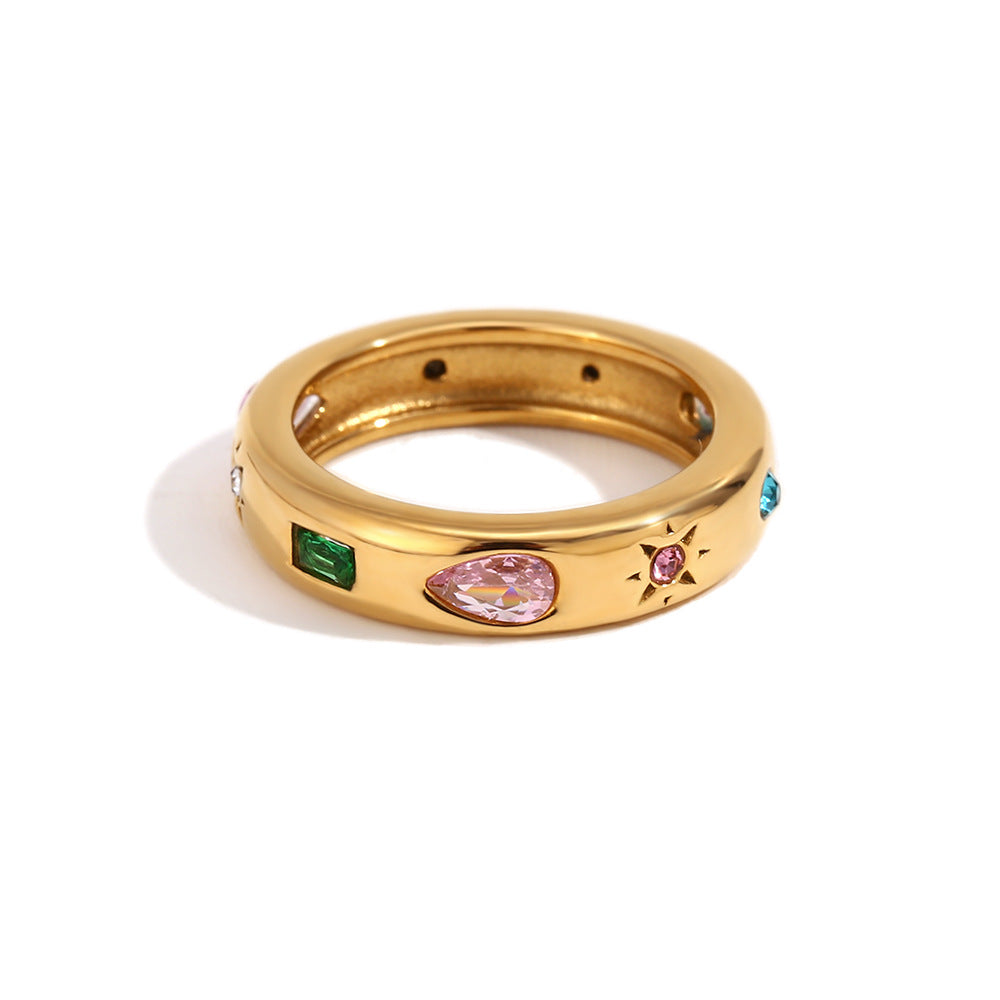 Anello vintage a cuore in acciaio inossidabile con placcatura in oro 18 carati e zirconi a cupola rotonda