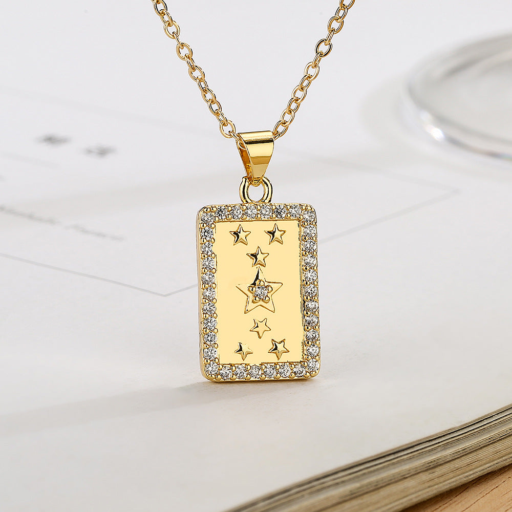 Geometric Sun Star Moon Square Pendant Necklace in Copper with 18K Gold Plating and Zircon Inlay for Women