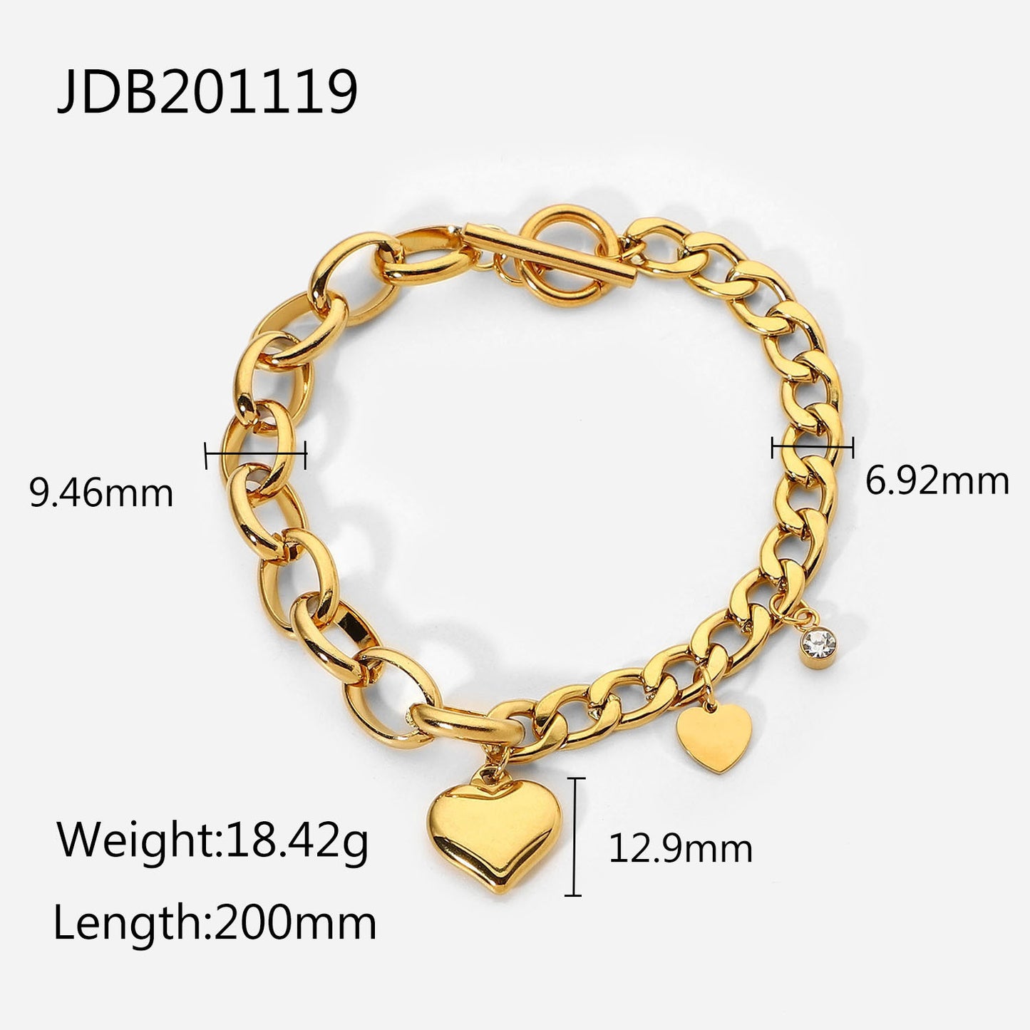 Ins Style Heart-Shaped Cubic Zirconia Pendant Bracelet with Oval Cuban Link Chain in 18K Gold-Plated Stainless Steel for Women