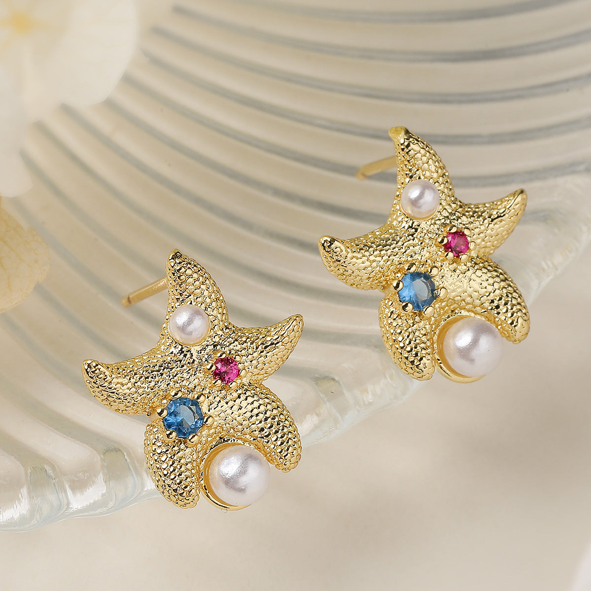 Vintage Elegant 18K Gold Plated Brass Heart Starfish Geometric Cubic Zirconia Stud Earrings for Women