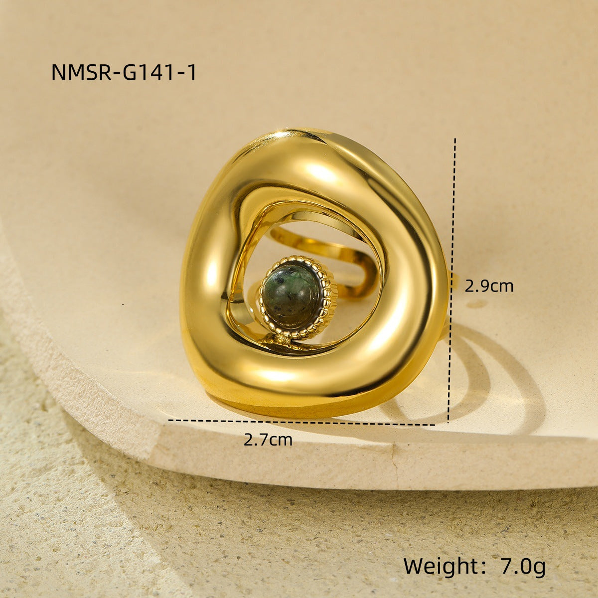 Anillo minimalista de acero de titanio geométrico con baño de oro de 18 quilates e incrustaciones de piedra natural para mujer