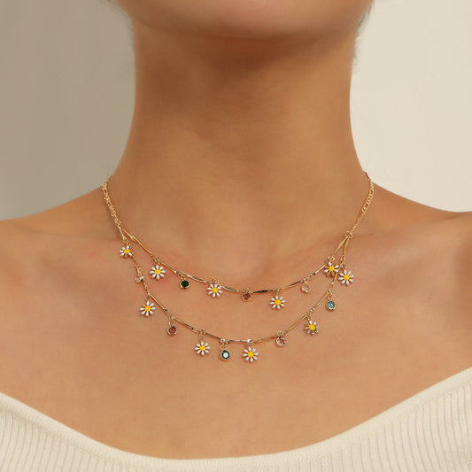 Minimalist Floral Pendant Necklace for Women with Enamel Painted Flower Design, Rhinestone Accented Alloy Drop, Polished Tube Chain
