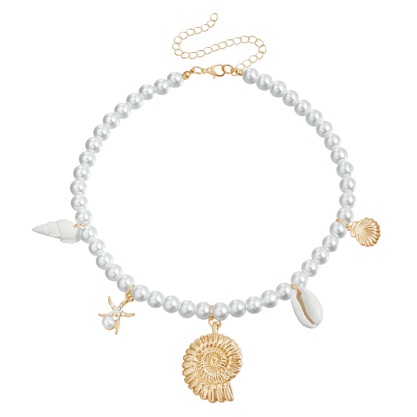 Summer Beach Casual Starfish and Seashell Pendant Necklace for Women with Glass Beads and Geometric Heart Design on Clavicle Chain
