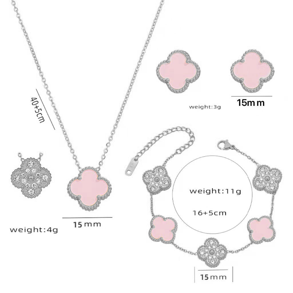 Bracciale Donna Lusso Stile Quadrifoglio in Acciaio al Titanio con Strass e Intarsio in Concha