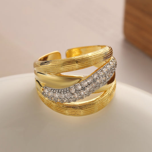 Geometric Vintage-Inspired Copper Ring with 18K Gold Plating and Zircon Inlay for Women
