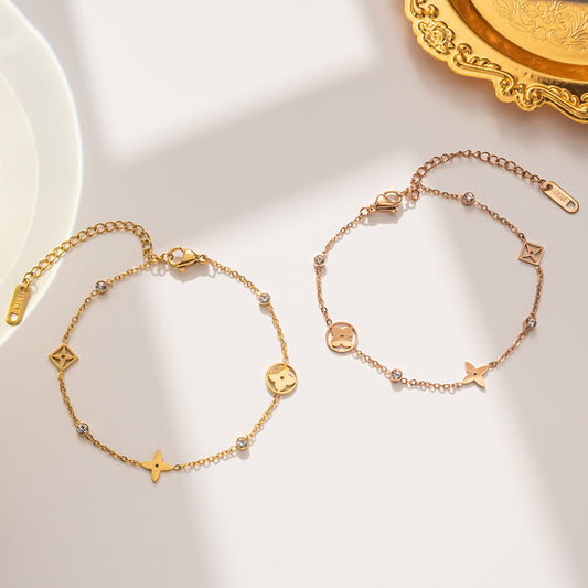 Minimalist Four-Leaf Clover Bracelet for Women in 18K Rose Gold Plated Titanium Steel with Letter and Number Design
