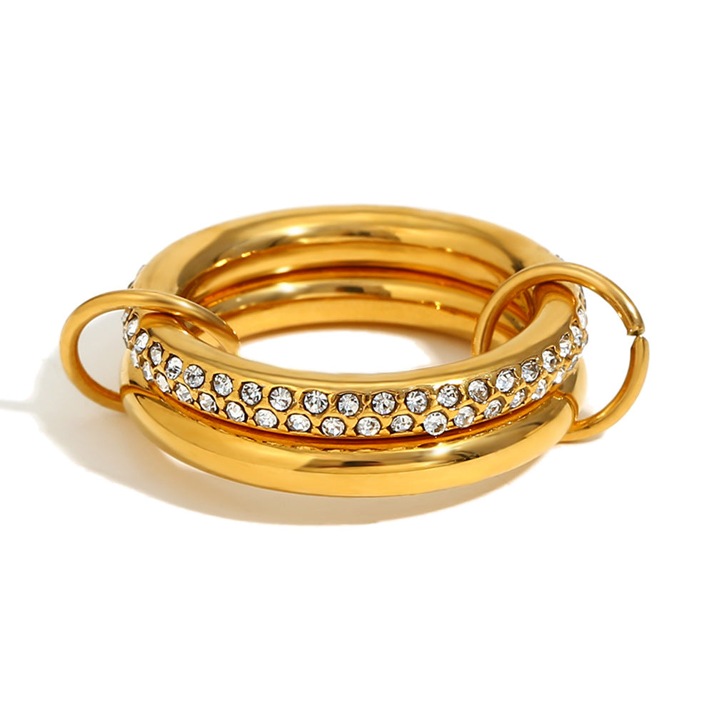 Vintage-Inspired Geometric Stainless Steel Ring with 18K Gold Plating and Rhinestone Accents for Women