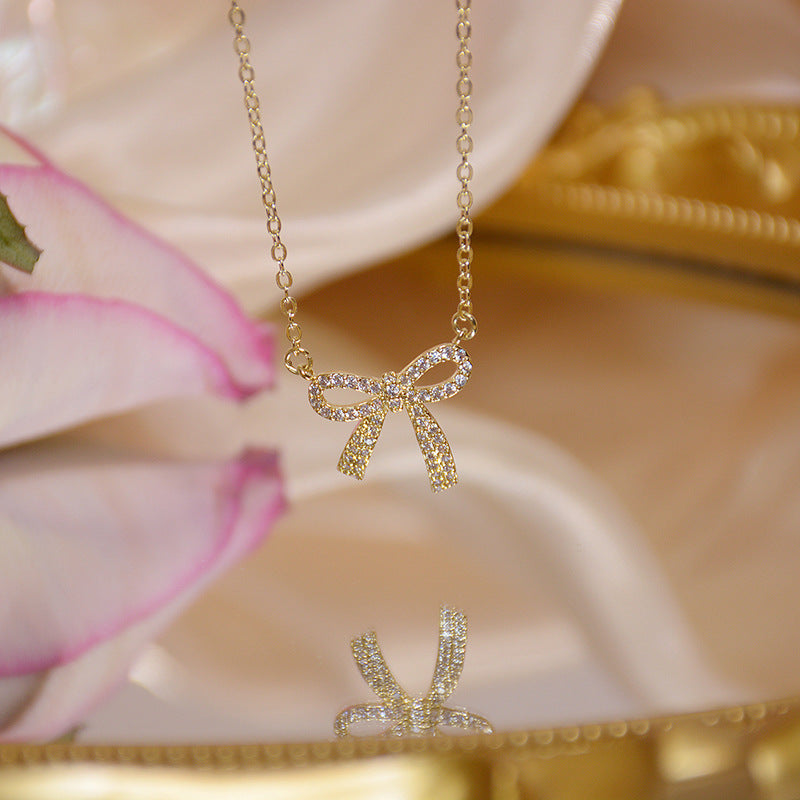 Sweet Minimalist Bow-Shaped Titanium Steel Necklace with Rhinestone Inlay for Women and Men, Delicate Clavicle Chain