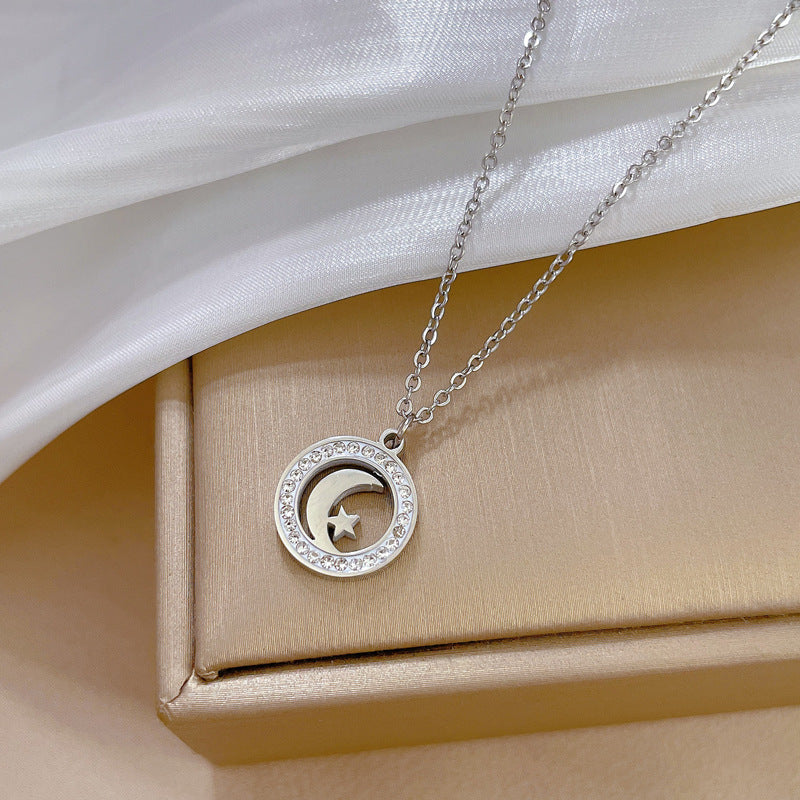 Minimalist Geometric Star and Moon Pendant Necklace in Titanium Steel with Gold Plating for Women and Men