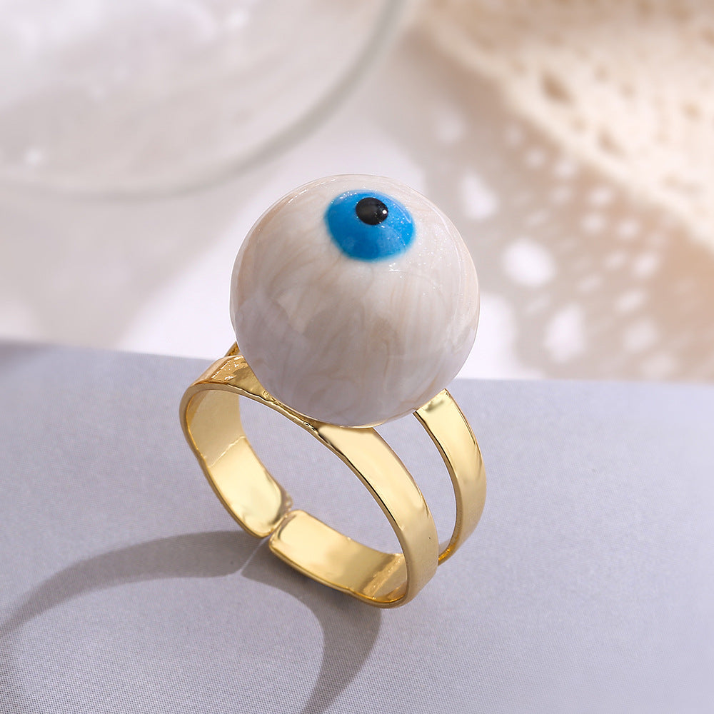 Fashionable Adjustable Evil Eye Ring for Women in Copper with Enamel Finish Geometric Design