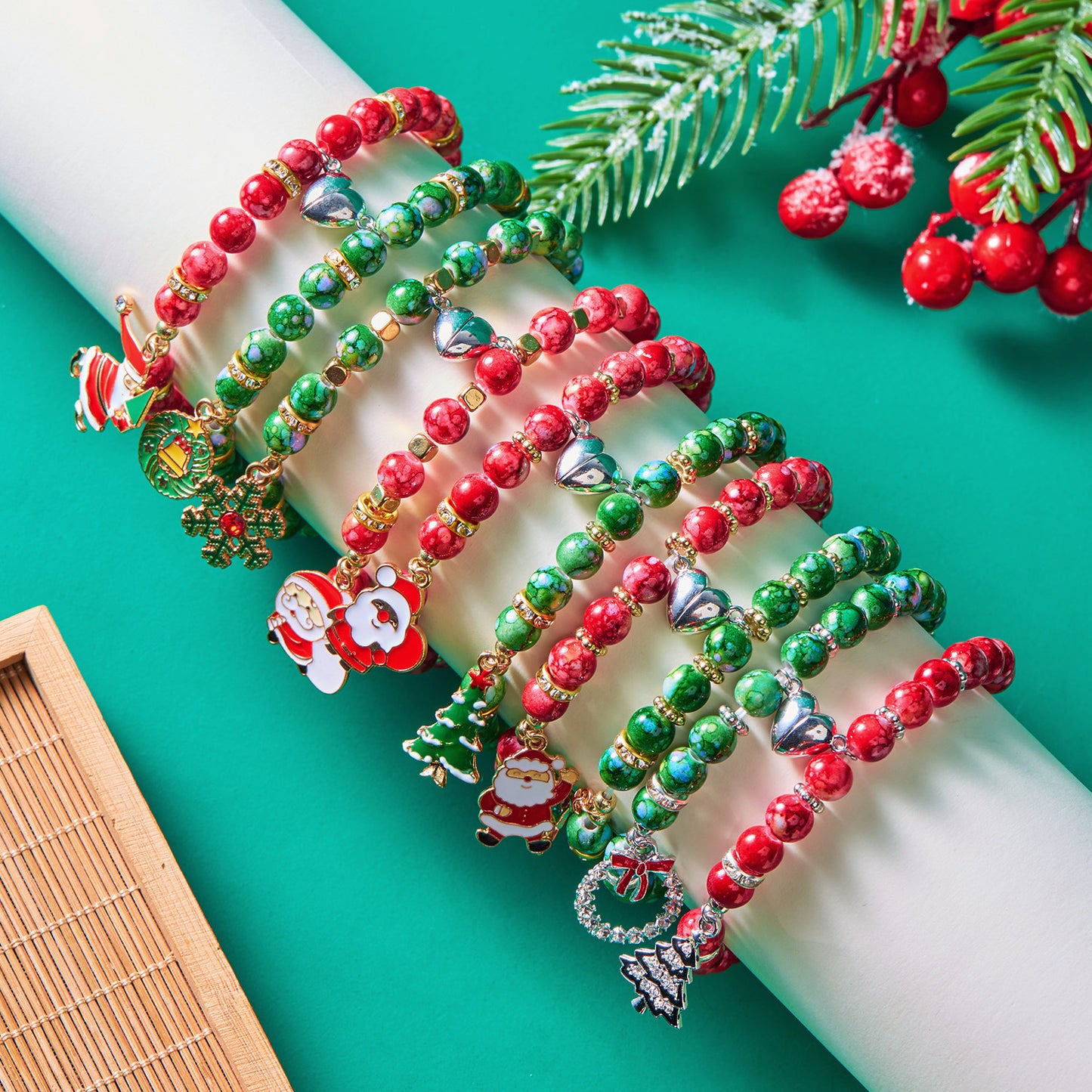 Pulsera magnética de resina con cuentas de Fashion-Commuter con diseño de Papá Noel y corona floral para mujer