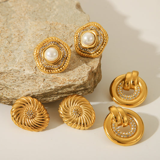Pendientes de Tuerca de Perlas con Diamantes de Imitación de Acero Inoxidable Chapado en Oro de 18K con Diseño Geométrico de Moda para Mujer