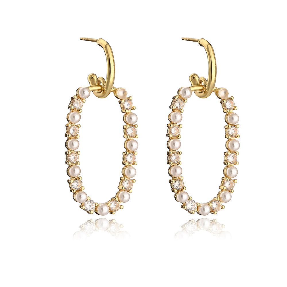 Fashion Geometric Micro-Set Zircon Pearl Copper Earrings with 18K Gold Plating for Women