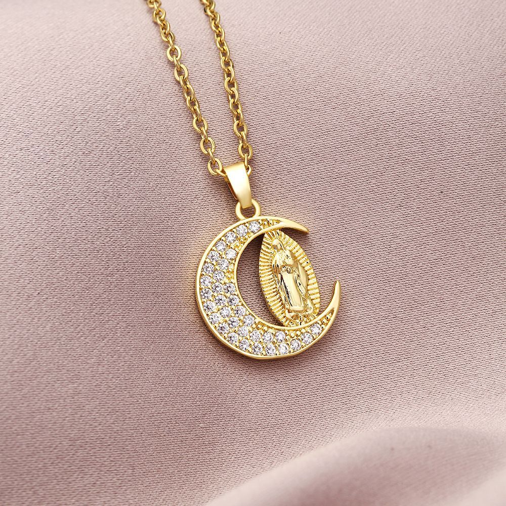 Collar con colgante de la Virgen María geométrico de moda para mujer con incrustaciones de circonita cúbica y cadena de cobre chapado en oro