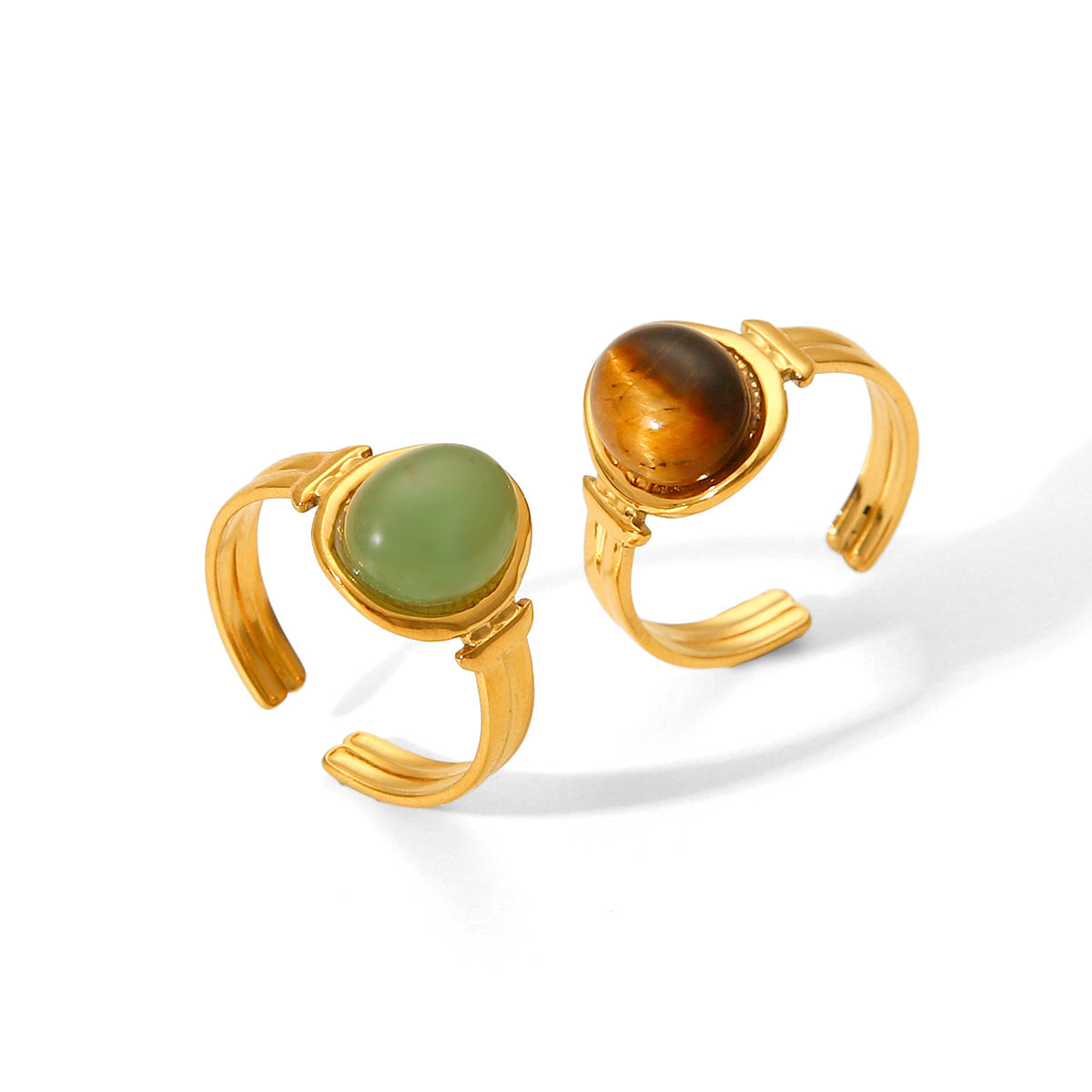 Anello Regolabile da Donna in Acciaio al Titanio Stile Corte Francese Vintage con Intarsio in Pietra Occhio di Tigre e Finitura Elettroplaccata