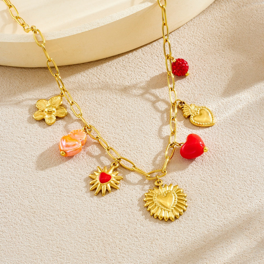 Vintage Elegant Gold Plated Drip Oil Heart Floral Stainless Steel Pendant Curb Chain Jewelry Set for Women