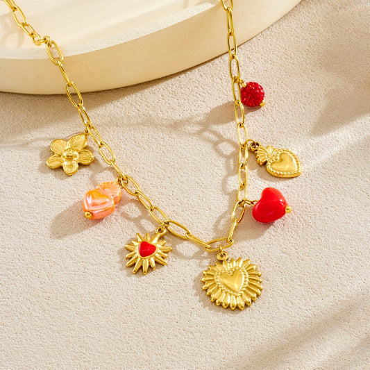 Vintage Elegant Gold Plated Drip Oil Heart Floral Stainless Steel Pendant Curb Chain Jewelry Set for Women