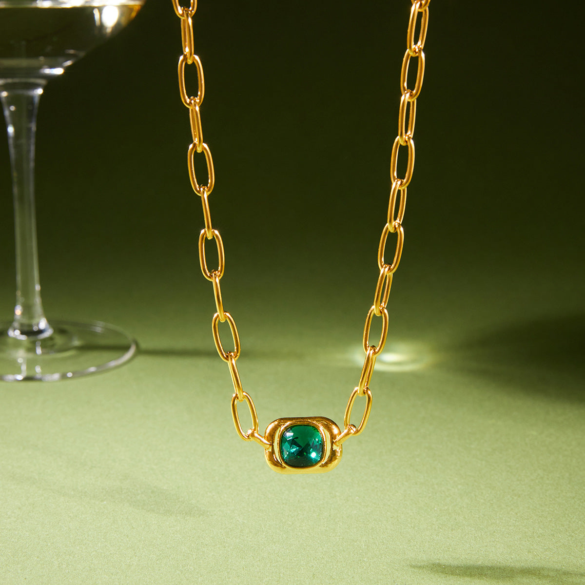 Minimalist Green Glass Geometric Square Stainless Steel PVD Plated Necklace for Women