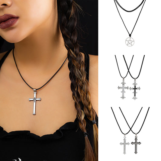 Collar con colgante minimalista de estrella hueca y cruz para mujer, aleación con acabado galvanizado