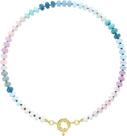 Sweet 8mm Natural Stone Bead Necklace Stainless Steel Geometric Round Ball Chain for Women