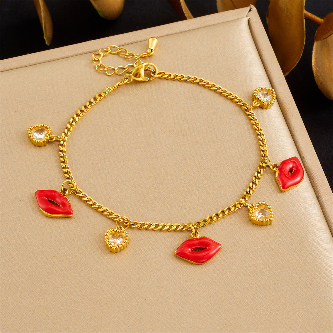 Minimalist Geometric Butterfly Lip Drip Oil Rhinestone Stainless Steel Bracelet with Fine Chain