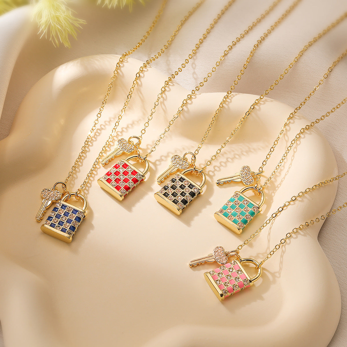 Minimalist Geometric Chessboard Pattern Enamel Key Lock Pendant Necklace for Women in Brass with 18K Gold Plating and Zircon