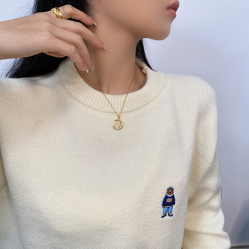 Original Design Rabbit Pendant Necklace for Women in Titanium Steel with Rhinestone Inlay on Wavy Chain, Minimalist Moonlight-Inspired Locket Necklace