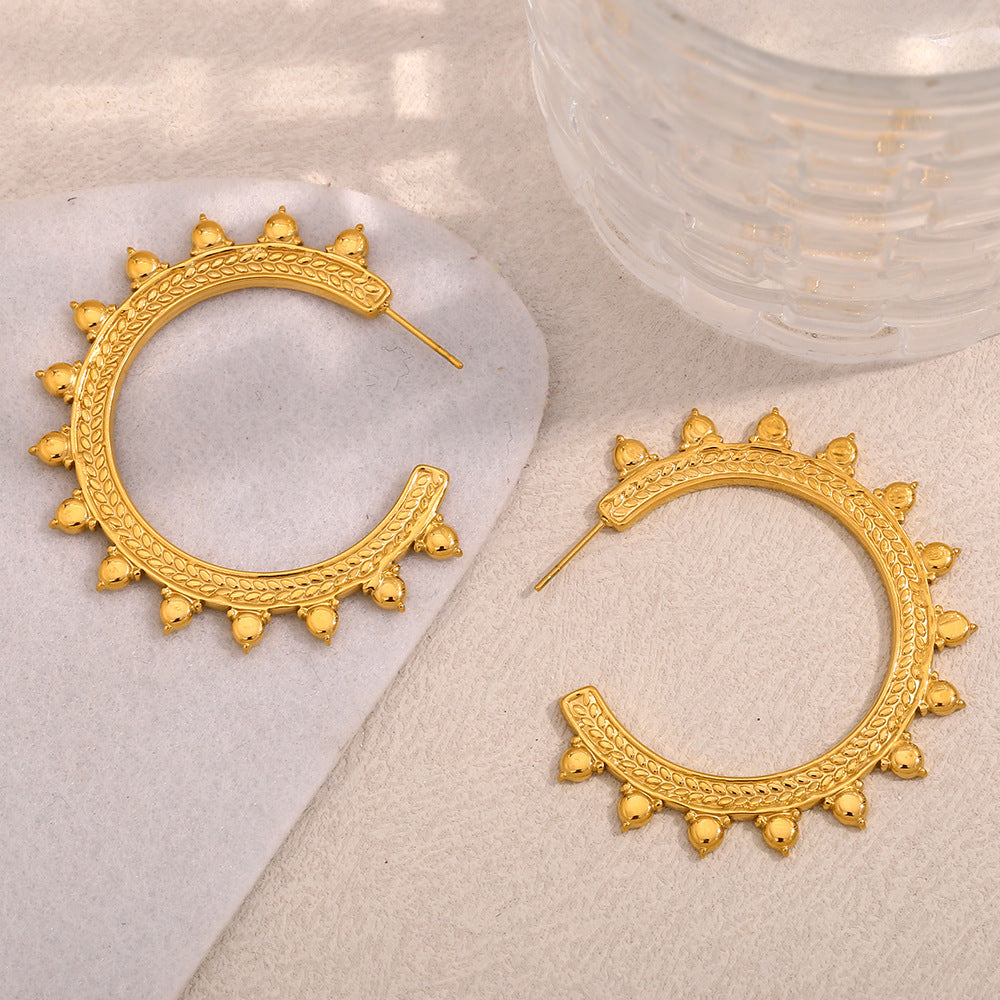 Minimalist Geometric Stainless Steel Plated 18K Gold Bohemian Wheat Pattern Large C-Shaped Hoop Earrings for Women