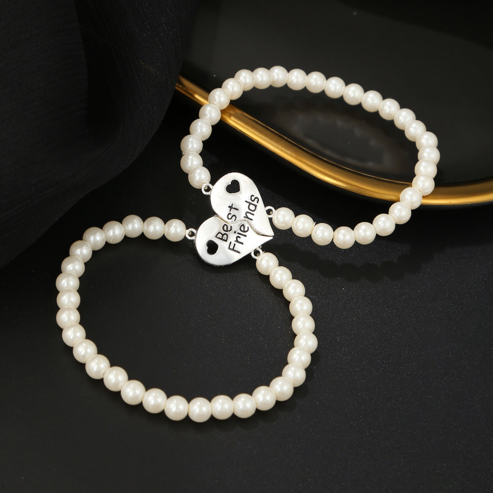 Minimalist Two-Piece Friendship Bracelet Set with Geometric Heart-Shaped Alloy and Pearl Charms
