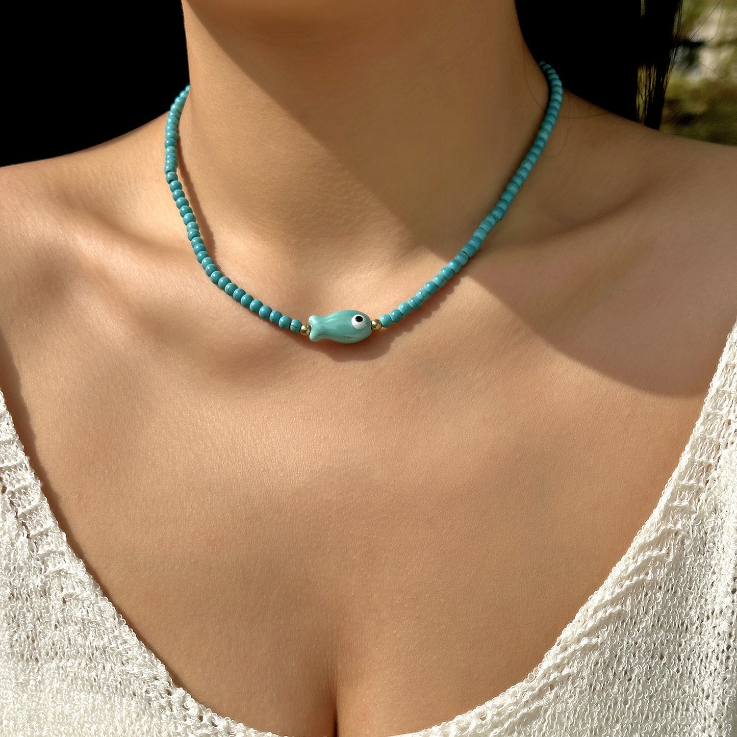 Bohemian Sweet Geometric Ceramic Resin Fish Starfish Turquoise Tassel Beaded Necklace for Women