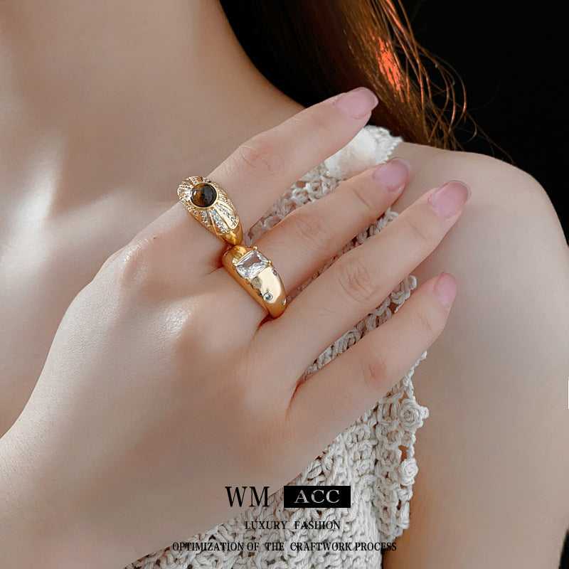 Vintage Geometric Open-Finger Ring for Women with Cubic Zirconia Inlay and Copper Band, Luxury-Style Hand Jewelry