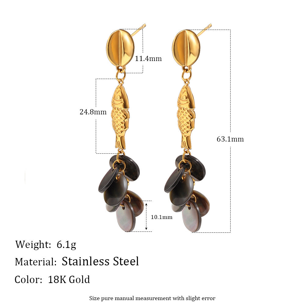 Orecchini Pendenti da Donna Minimalisti di Lusso in Acciaio Inox Placcato Oro 18K con Nappa a Concha Marina e Pesce