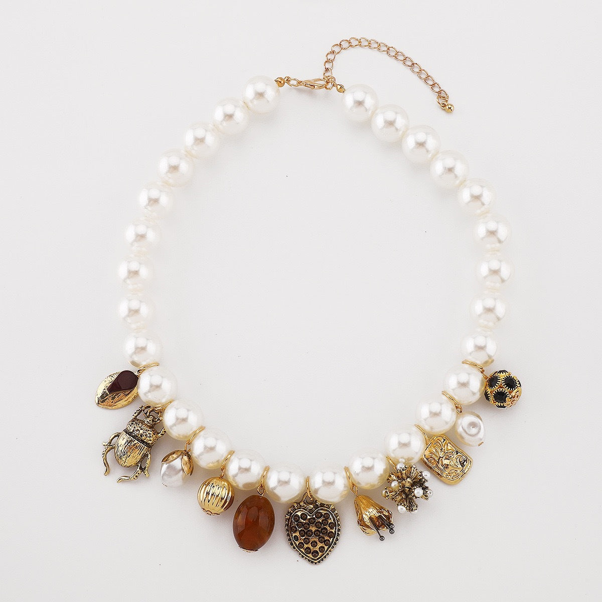 Fashion Baroque Heart Insect Geometric Alloy Plated Necklace with Imitation Pearl Beads for Women