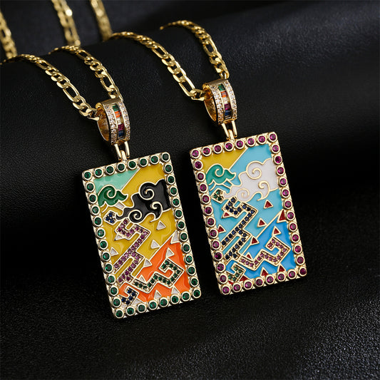 Collana con Ciondolo Vintage Minimalista Geometrico Smaltato Zircone Nuvola Pittura ad Olio Rame Placcato Oro 18K