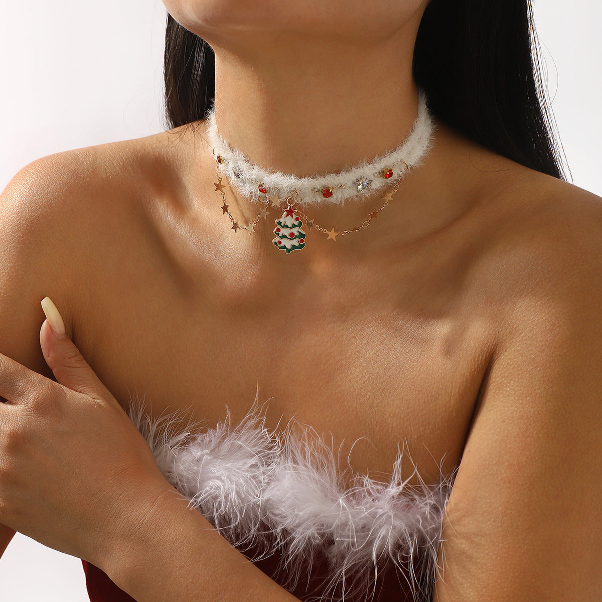 Collana Girocollo in Velluto a Forma di Albero di Natale da Donna con Ciondolo in Lega, Accessorio Festivo Artigianale per le Feste