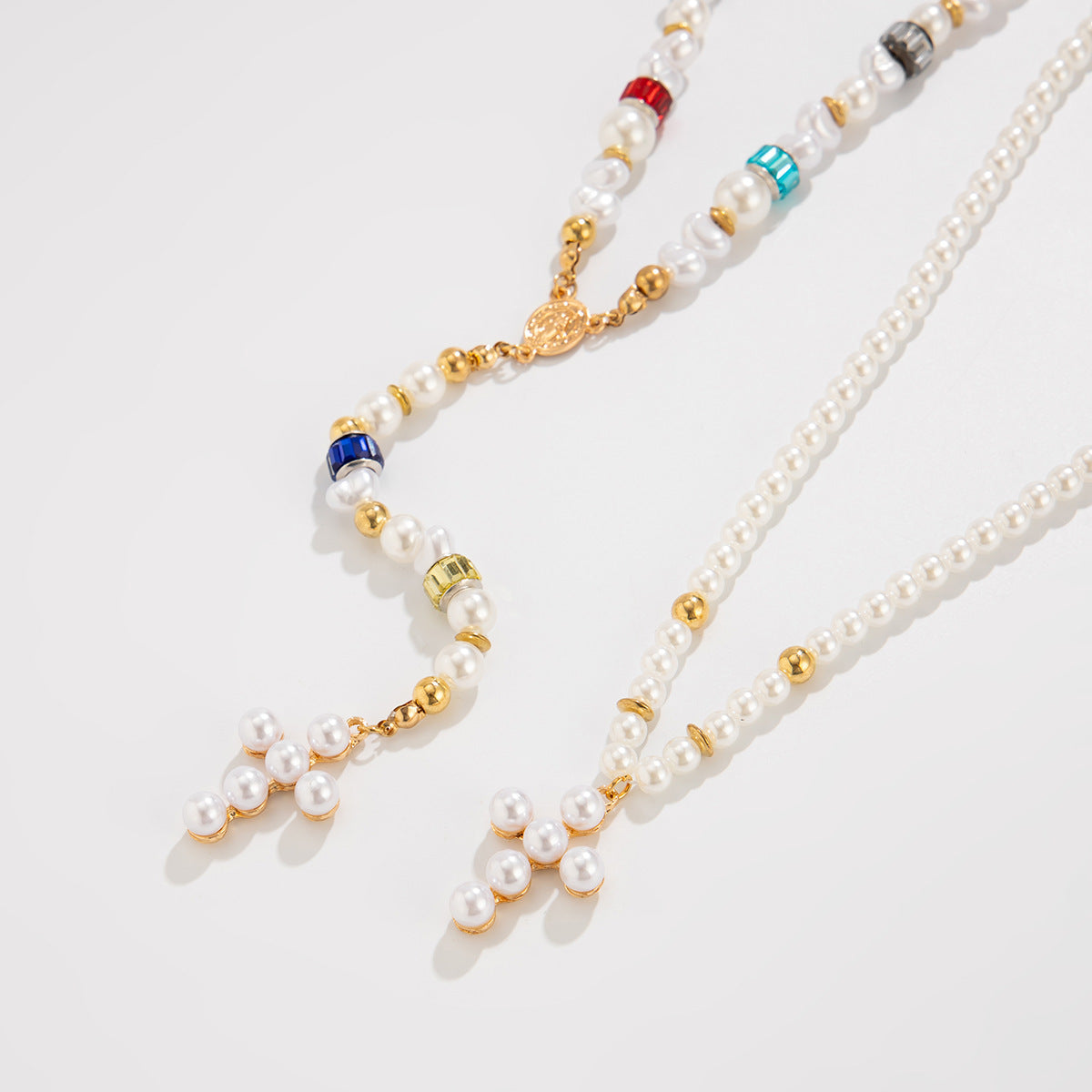 Minimalist Cross Pearl Rhinestone Alloy Plated Necklace Set for Women