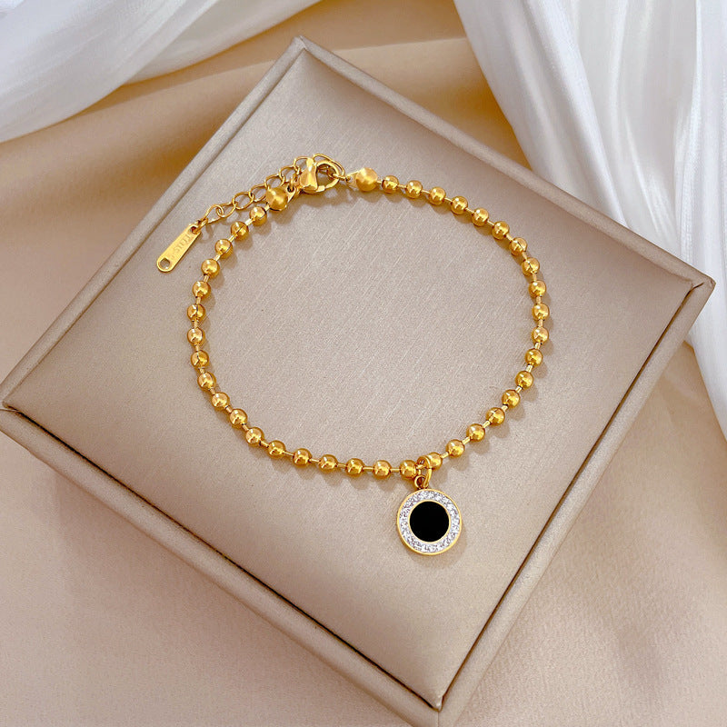 Vintage-Inspired Titanium Steel Beaded Bracelet for Women with Rhinestone Inlay, Korean-Inspired Aesthetic, Perfect for Gifting and Travel Souvenirs