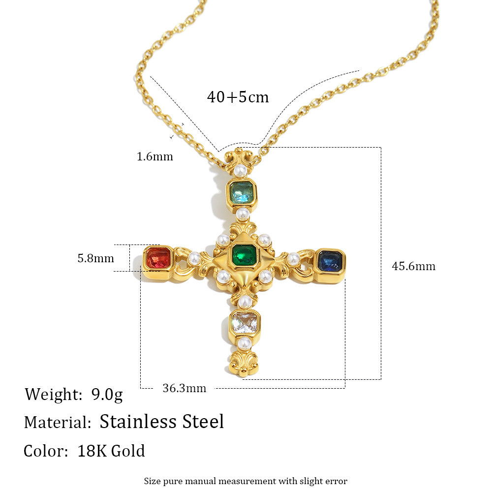 Collana Pendente Croce Vintage di Lusso da Donna in Acciaio Inossidabile con Placcatura in Oro 18K Forma Geometrica Perla Simulato e Intarsio Zircone