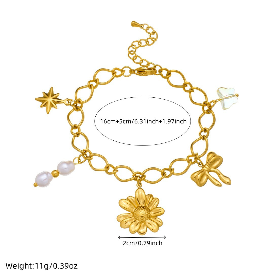 Vintage Elegant Gold Plated Floral Pearl Pendant Stainless Steel Bracelet